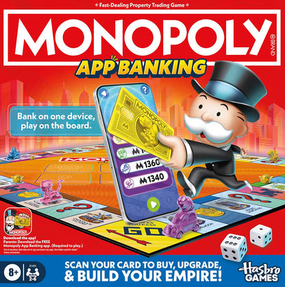 Monopoly App Enabled Banking Board Game, Links to Smart Devices | Ages 8+ | 2 to 6 Players | 45 Mins. | Family Games for Kids