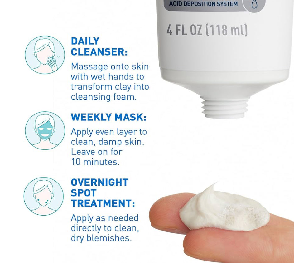 CeraVe Clay To Foam Acne Face Wash, Veelvuldige Gebruik Salisielsuur & Kaolienklei Aknee Kolbehandeling Vry Van Geurmiddels, Nie-Komedogenies (120ml)