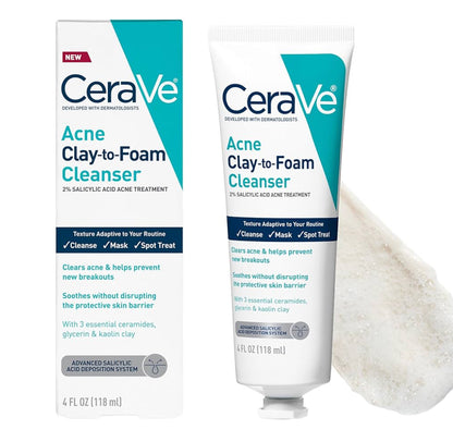 CeraVe Clay To Foam Acne Face Wash, Veelvuldige Gebruik Salisielsuur & Kaolienklei Aknee Kolbehandeling Vry Van Geurmiddels, Nie-Komedogenies (120ml)