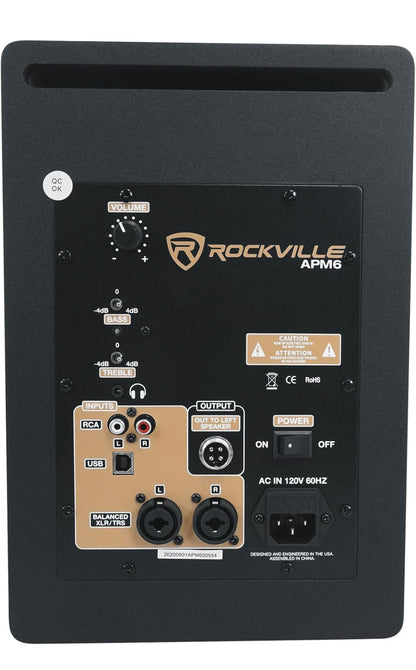 Rockville 2 APM6W 6.5" 350w Studio Monitors+36" Staanders+Pads+Oorfone+Mikrofoon