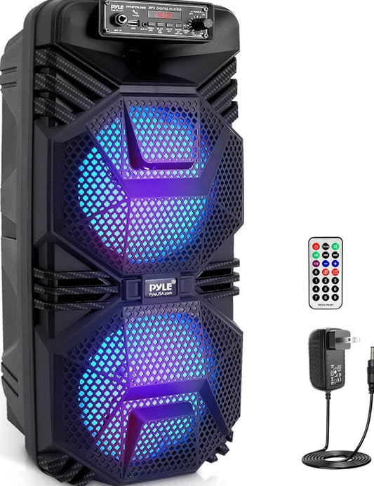 Rechargeable Portable Bluetooth PA Speaker 600W Outdoor System w/ Dual 8” Subwoofer 1” Tweeter, Microphone In, Party Lights, USB, Radio, Remote