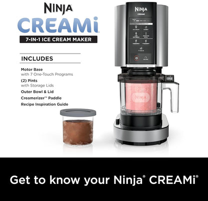 Ninja NC301 CREAMi Roomysmaker, vir Gelato, Inmiksels, Melkskommels, Sorbette, Smoothiebakke en meer, 7 Een-Raakprogramme, met (2) Pint Houers en Deksel, Kompakte Grootte, Ideaal vir Kinders, Silwer
