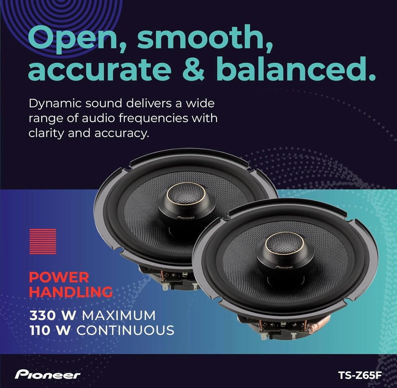 Pioneer TS-Z65F, 2-rigting 6.5 DUIM Koaksiale Karluidsprekers, Volreeks, Oop & Gladde Klankgehalte, Maklike Installasie en Verbeterde Basrespons - Swart