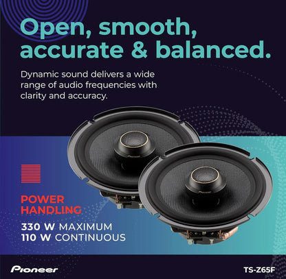 Pioneer TS-Z65F, 2-rigting 6.5 DUIM Koaksiale Karluidsprekers, Volreeks, Oop & Gladde Klankgehalte, Maklike Installasie en Verbeterde Basrespons - Swart