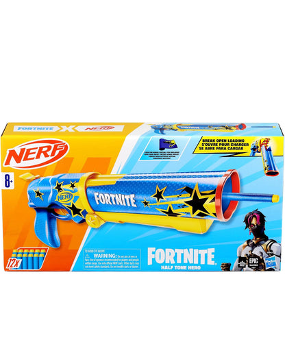 Nerf Fortnite Half Tone Hero Blaster, Bonus Code to Unlock Half Tone Hero Wrap in the Game, Break Open Loading, 12 Nerf Elite Darts, Fortnite Gifts