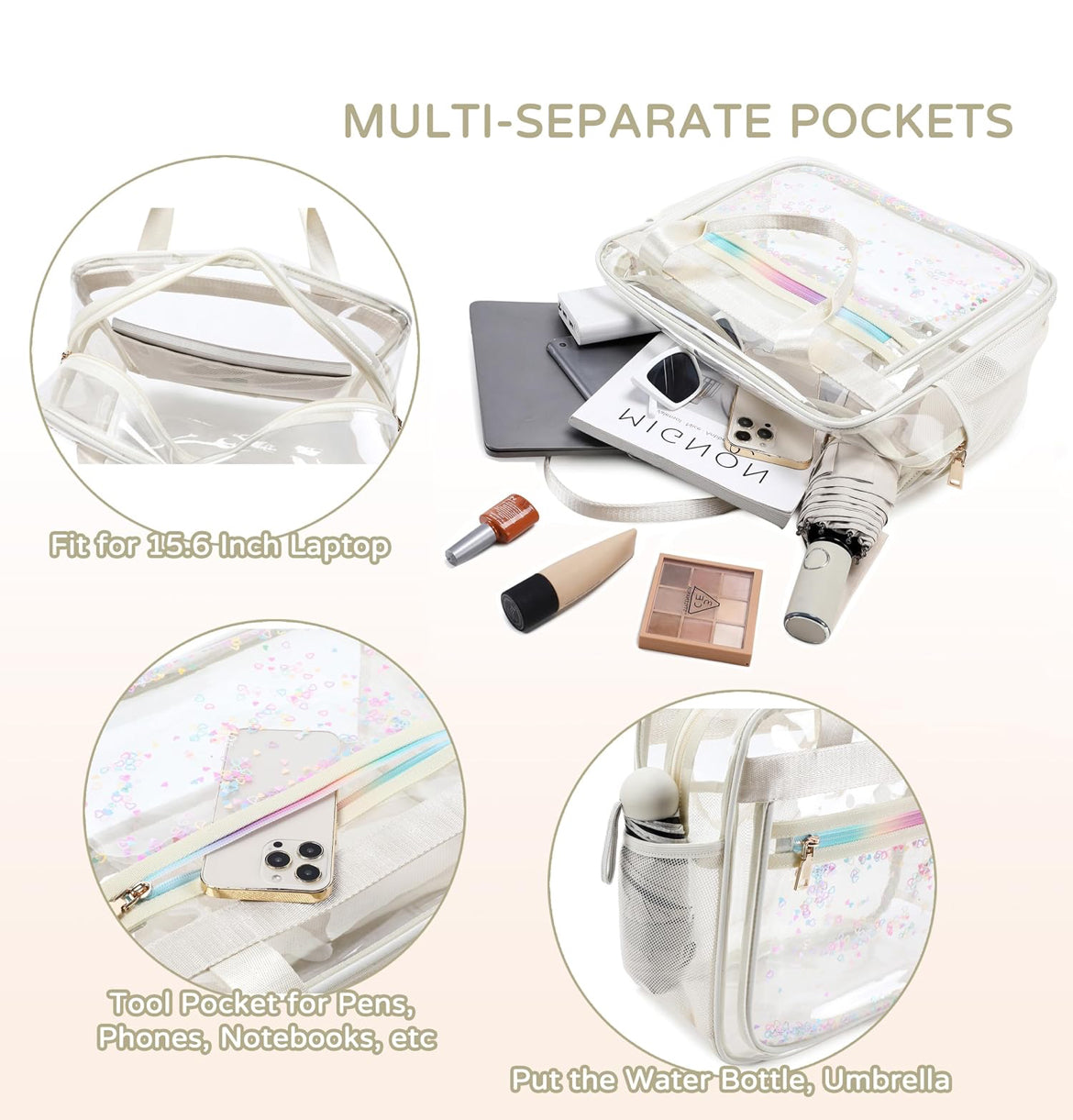 Clear Beach Bag Travel Tote Transparent Backpack for Women Girls Stadium Approved Crossbody Messenger Shoulder Handbag