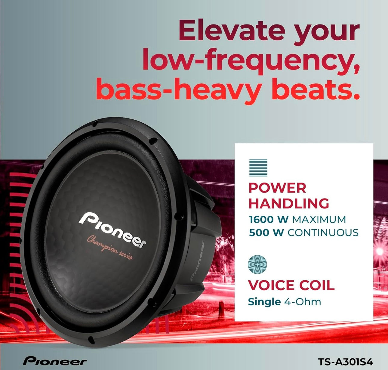 Pioneer TS-A301S4 – Kragtige 12-duim Subwoofer, 1600 Watt Spitskrag, Enkele 4 Ohm Spreekspoel vir Kragtige Bas