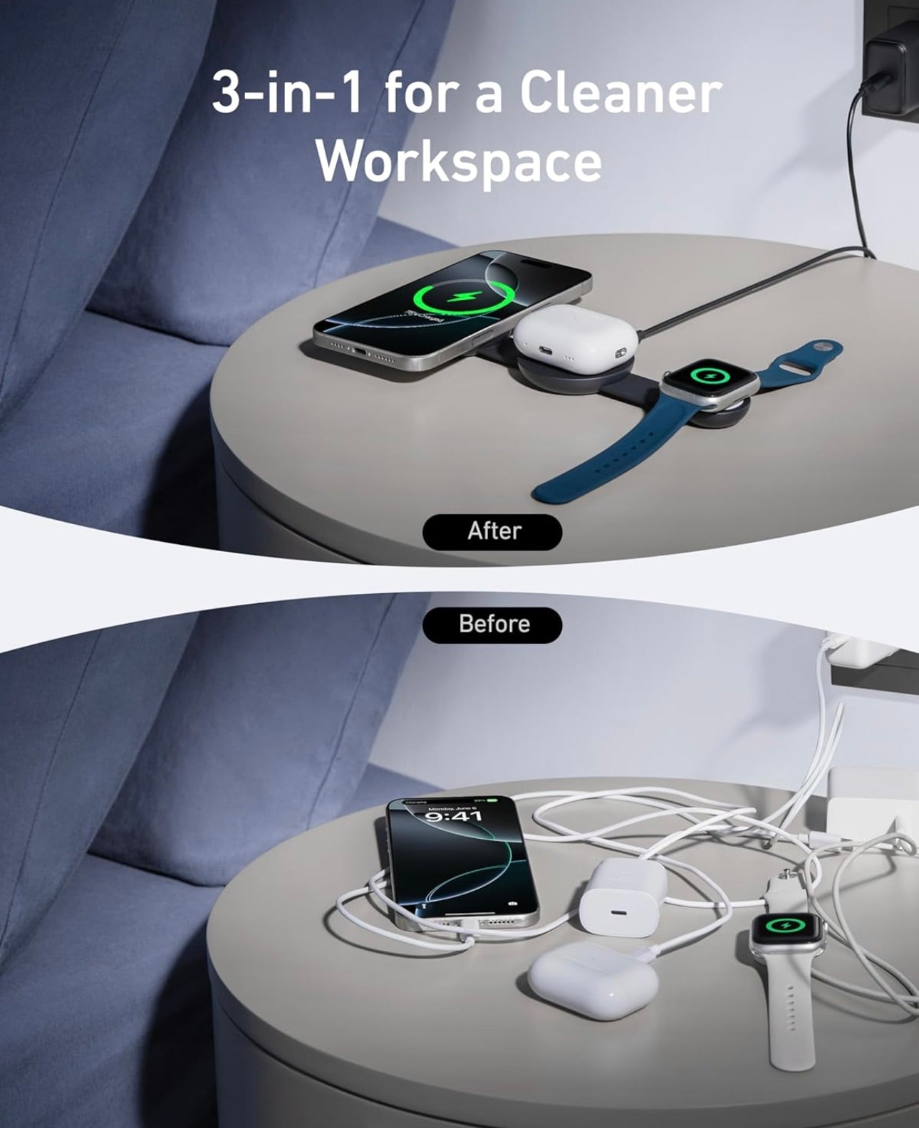 Anker MagSafe Compatible MagGo UFO 3-in-1 Charger, iPhone 16 Wireless Charging - BLACK