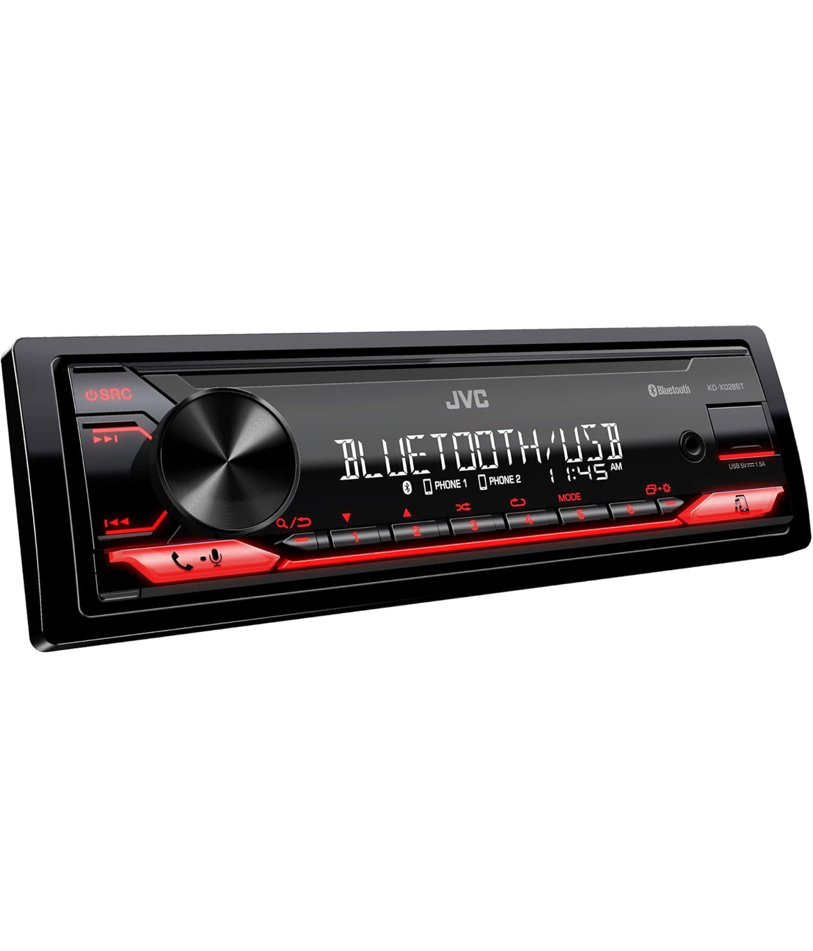 JVC KD-XD28BT Bluetooth Motorradio met USB-poort – AM/FM-radio, MP3-speler, hoëkontras-LCD, 50 Watt, Verwyderbare Voorpaneel – Enkel DIN – 13-band EQ