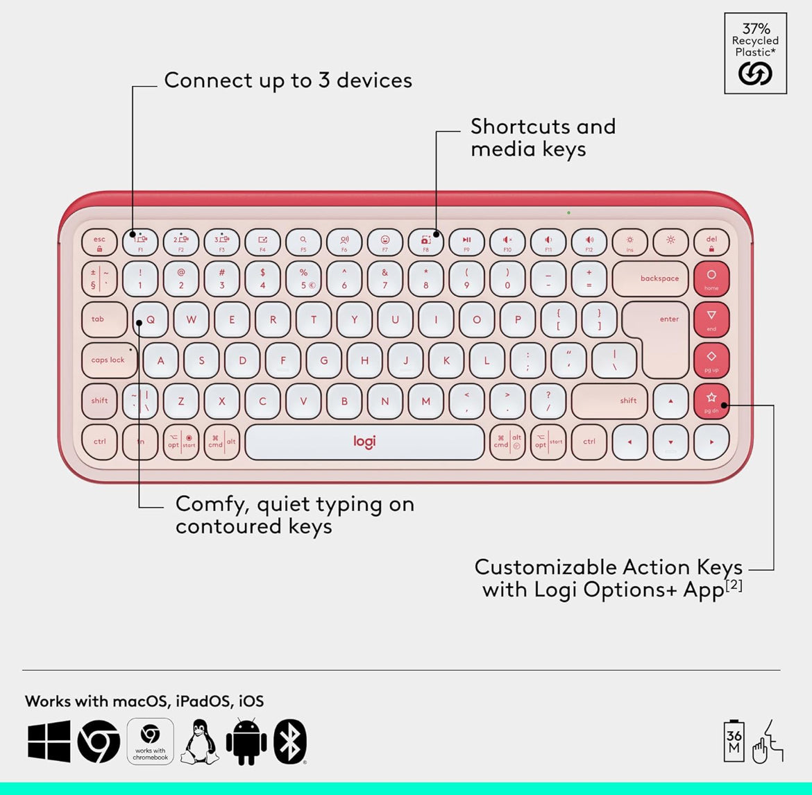 Logitech POP ICON Combo, Bluetooth-sleutelbord-en-muiskombo, Gemaklike Tik, programmeerbare Sleutels en Knoppies, Stil klikke, Maklik-Skakel tot 3 Toestelle - Roose