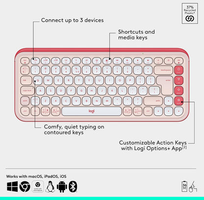 Logitech POP ICON Combo, Bluetooth-sleutelbord-en-muiskombo, Gemaklike Tik, programmeerbare Sleutels en Knoppies, Stil klikke, Maklik-Skakel tot 3 Toestelle - Roose