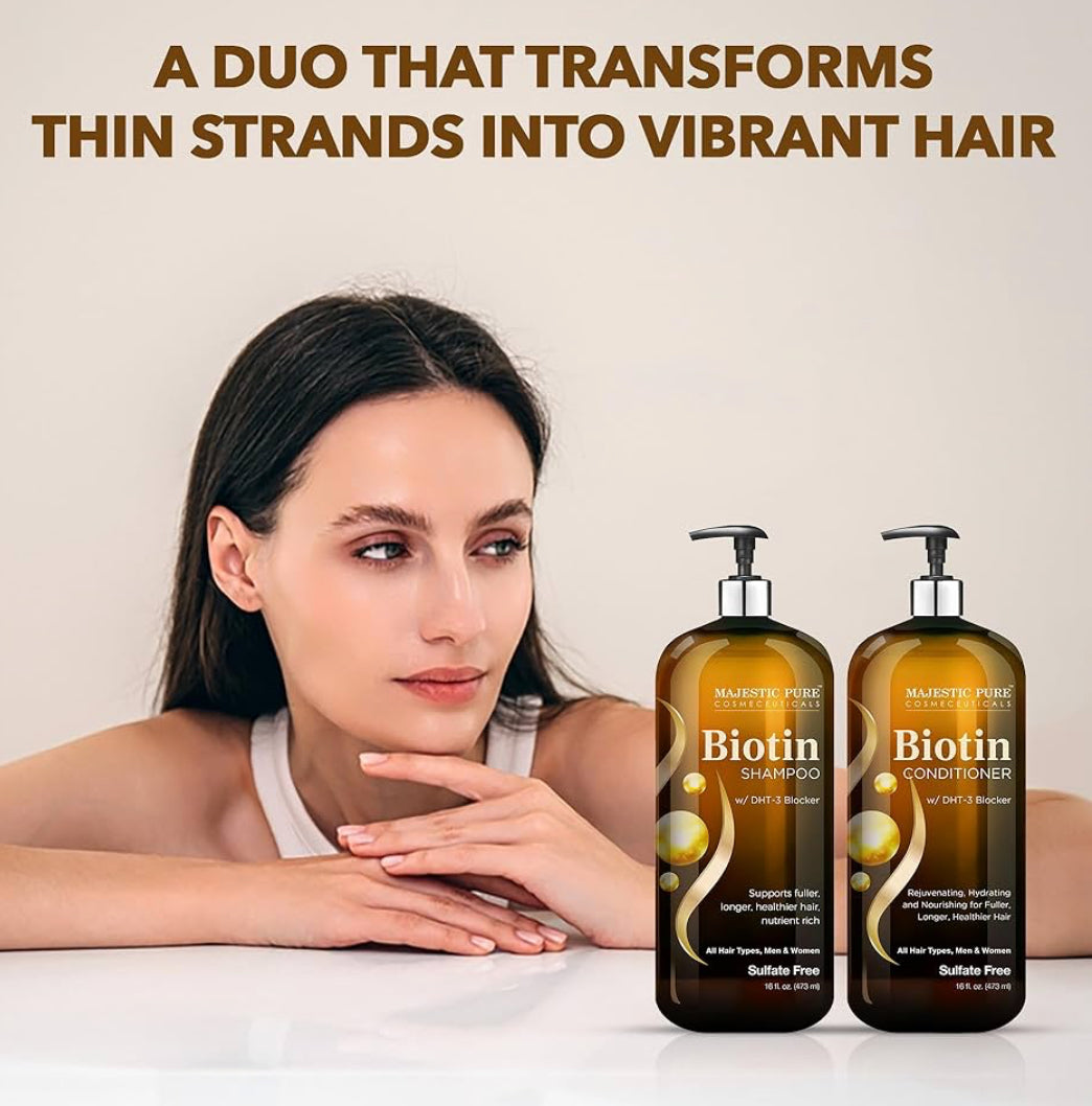 PURE Biotin Sjampoe en Conditionerstel met DHT-blokkeerderkompleks – Hidreer, Voed en Ondersteun Gesonde Hare, Sulfaatvry, vir Mans en Vroue – (473 ml)