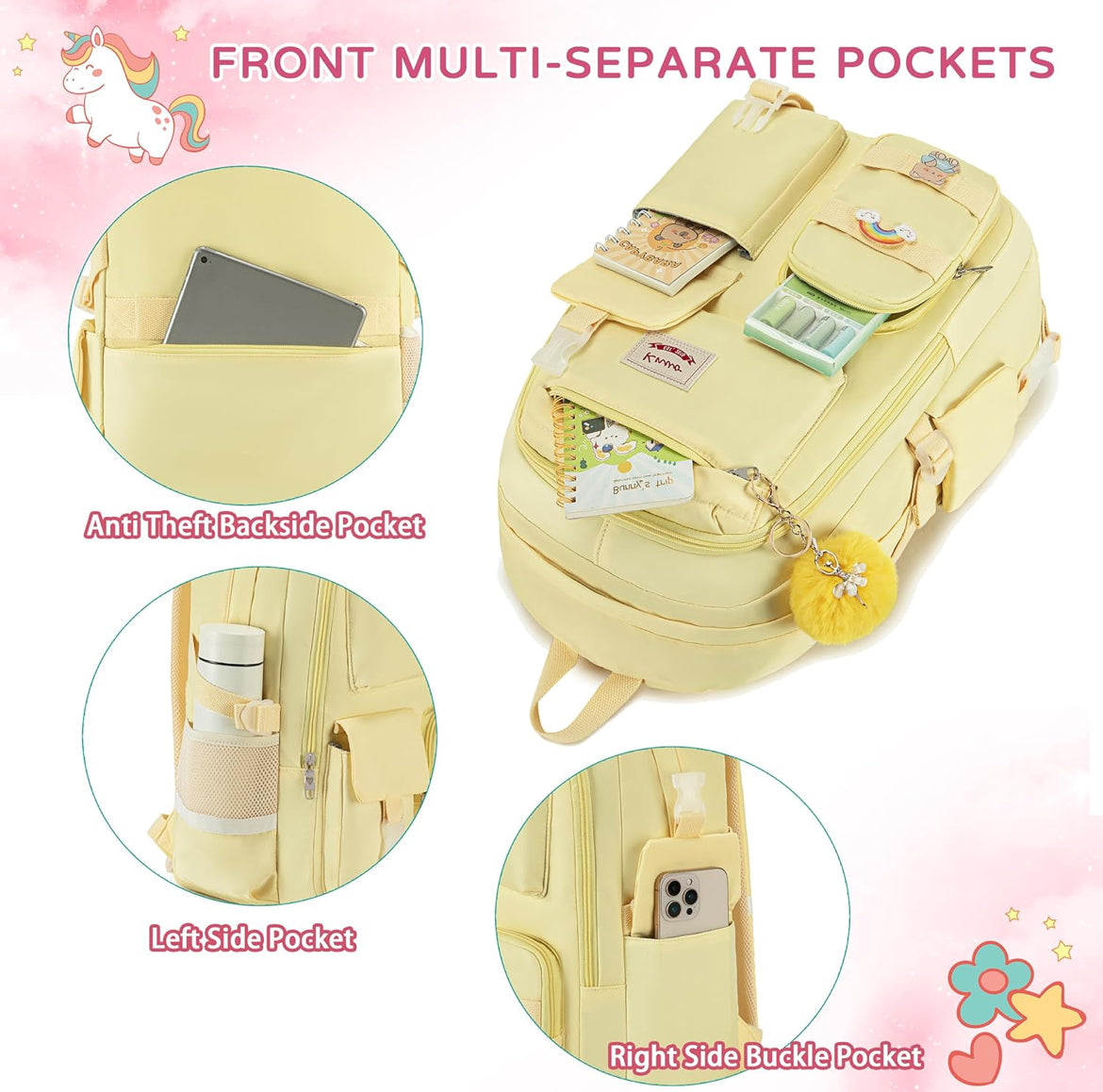 Backpack for girls Laptop Backpacks 15.6 Inch College Cute Bookbag Anti Theft Primary Elementary School Bag Casual Daypack for Teens Girls Women Students （Yellow
