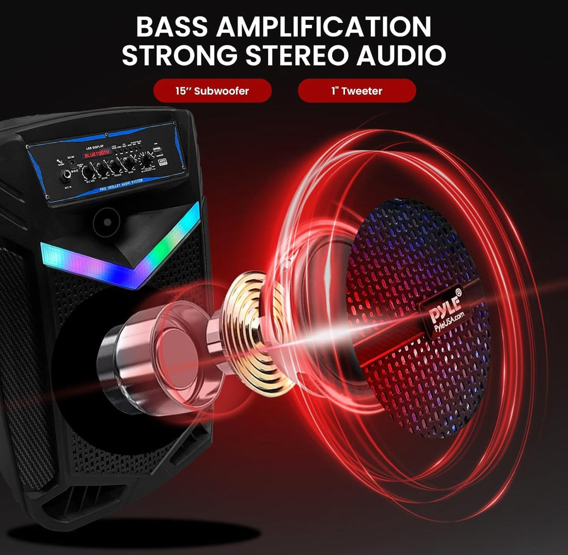 Portable Bluetooth PA Speaker - 1200W Rechargeable Outdoor Bluetooth w/ 15” Subwoofer 1” Tweeter, Recording Function Mic In Party Lights USB/SD Radio PPHP1542B