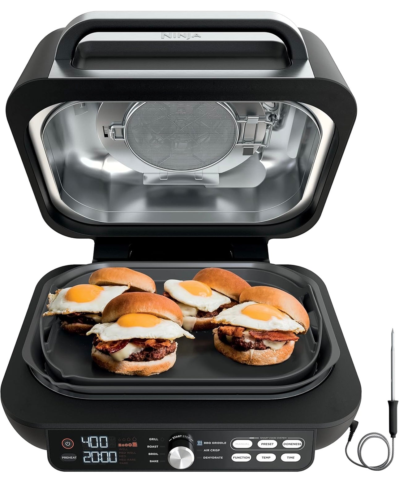 Ninja IG651 Foodi Smart XL Pro 7-in-1 Binnebraaier/Rooster Kombinasie, gebruik Oop of Toe, Lugbraai, Dehidreer en Meer, Pro Power-rooster, Plat Bo, Crisper, Slim Termometer, Swart