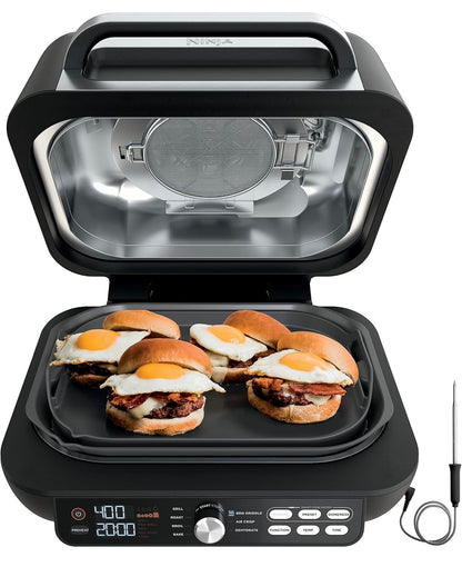 Ninja IG651 Foodi Smart XL Pro 7-in-1 Binnebraaier/Rooster Kombinasie, gebruik Oop of Toe, Lugbraai, Dehidreer en Meer, Pro Power-rooster, Plat Bo, Crisper, Slim Termometer, Swart