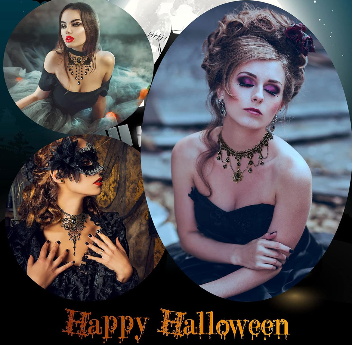 9 Stuks Halloween Sexy Juweliersware Swart Gotiese Kant Choker vir Vroue Dame Victoriaanse Choker Elegante Retro Punk Halssnoere Halsband vir Halloween Partytjie Steampunk Vampier Cosplay Kostuums Troue