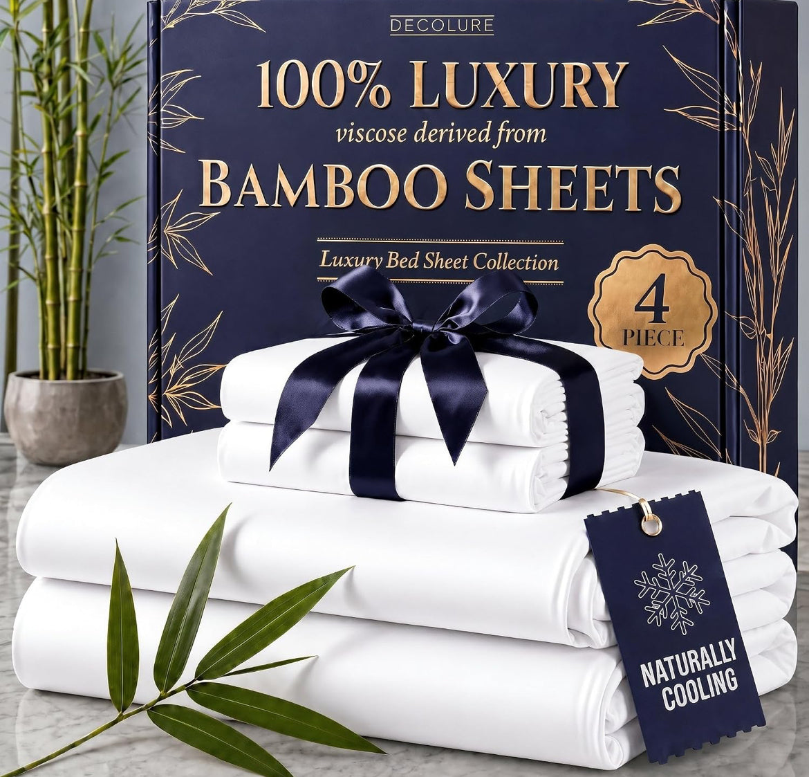 DECOLURE 100% Viscose Derived from Bamboo Sheets Queen Size - Luxury 4 Pc Naturally Cooling Sheets, Ultra Soft Bed Set - Deep 17" Pockets, Durable Double Stitching, Oeko Tex Standard (White)