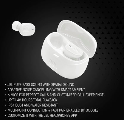 JBL Tune Buds 2 – Ware Draadlose Geraasdempende Oorfone Ruimtelike Klank en Slim Omgewingstegnologie IP54 Stof- & Waterbestand (Wit)