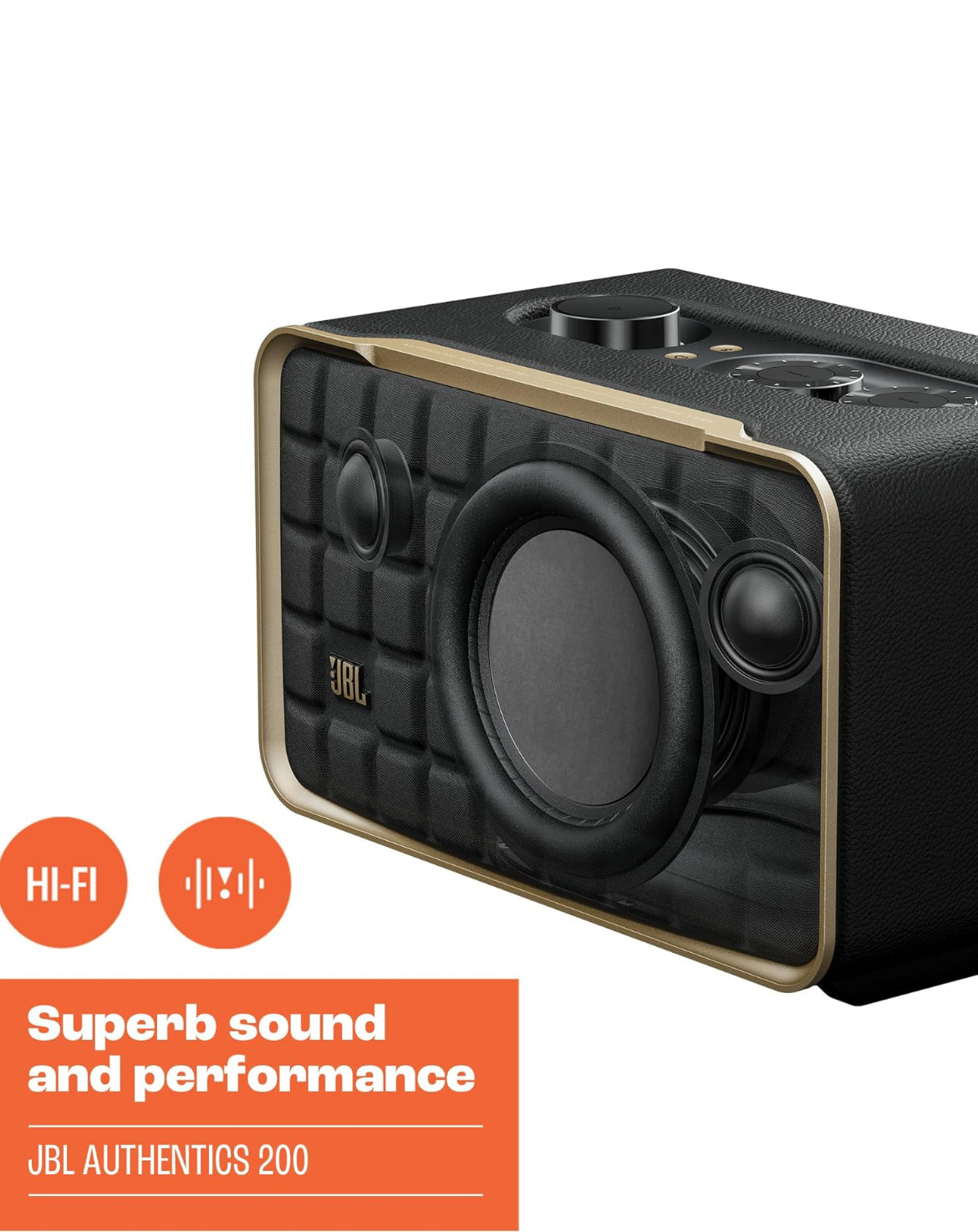 JBL Retro Style Authentics 200 Smart Home Speaker with Built in Wi-Fi, Bluetooth and Voice Assistants - (Black/Gold)