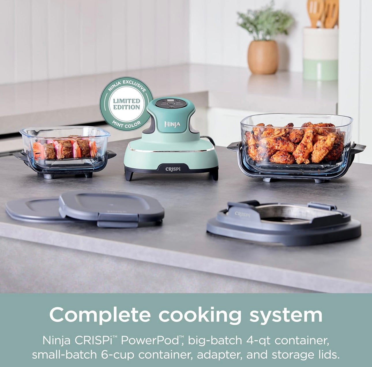 Ninja Crispi 4-in-1 Portable Glass Air Fryer Cooking System, 4 QT & 6 Cup Glass Containers with Storage Lids - Mint, FN101MT