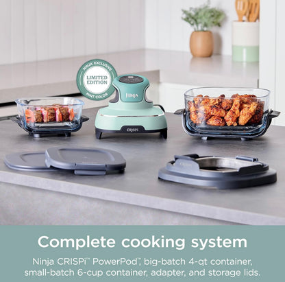 Ninja Crispi 4-in-1 draagbare glaslugbraaistelsel, 4 QT en 6 koppies glashouers met stoordeksel – Mint, FN101MT
