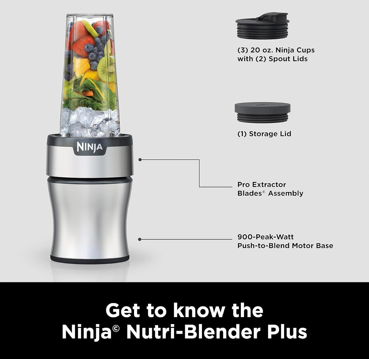 Ninja BN301 Nutri-Blender Plus Compact Personal Blender, 900-Peak-Watt Motor (3) 20 oz. To-Go Cups, (2) Spout-Lids (1) Storage-Lid, Dishwasher Safe - Silver