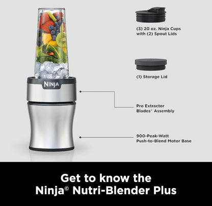 Ninja BN301 Nutri-Blender Plus Kompakte Persoonlike Versapper, 900-Piek-Watt Motor, (3) 590ml 'To-Go'-bekers, (2) Tuitdeksels (1) Bergingsdeksel, Skottelgoedwasser Veilig - Silwer