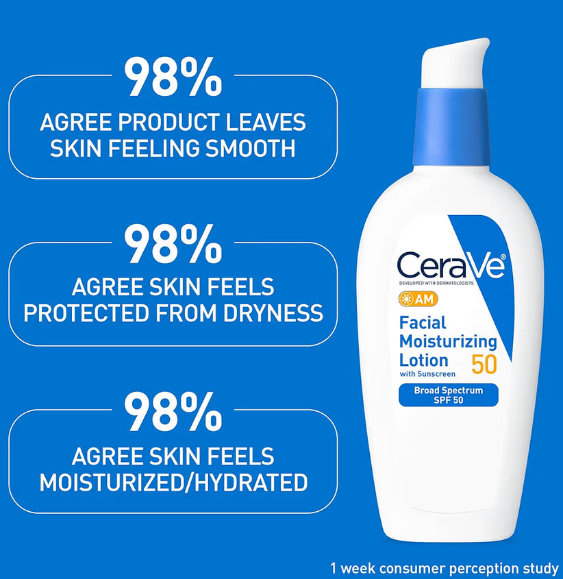 CeraVe AM Gesigsbevogtigende Melk SPF 50 Hialuronzuur, Niasienamied & Seramiede Nie-komedogeniese Sonroom (89 ml)