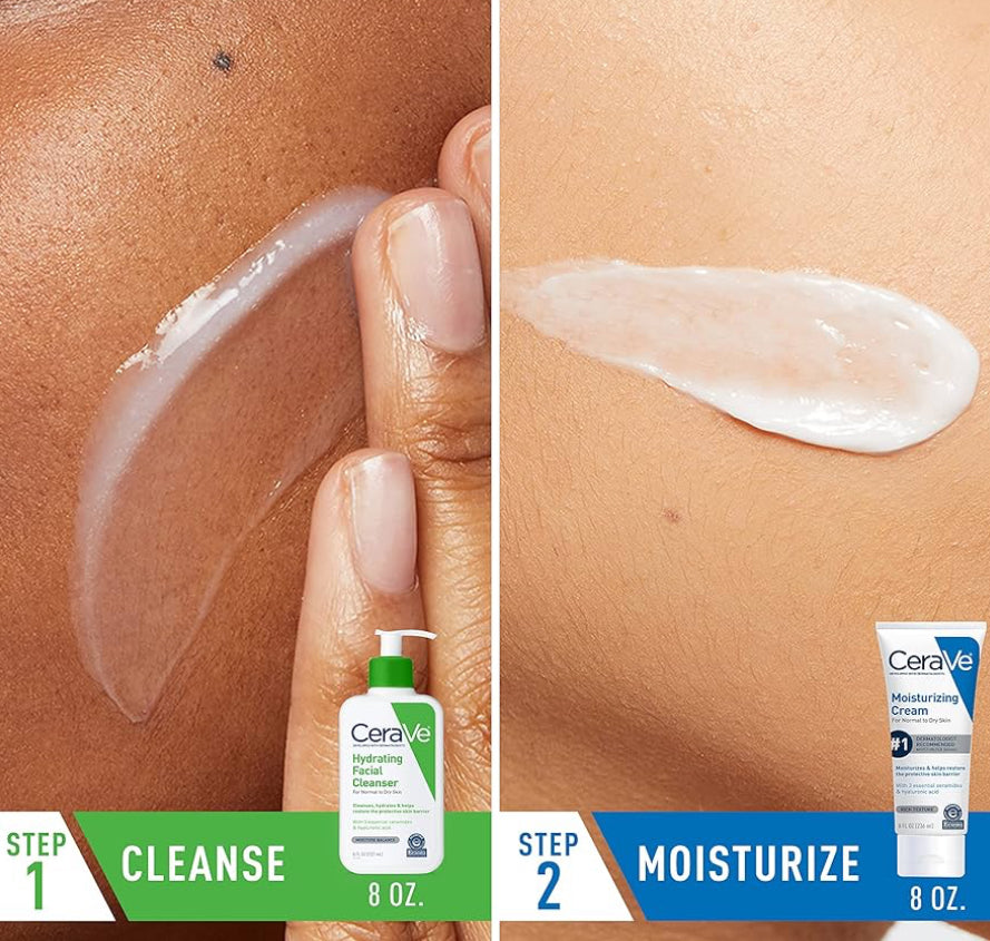 CeraVe Hydraterende Velversorgingstel - (237ml) Bevogtigende Room & (237ml) Hydraterende Gesigsreiniger, Sermeide + Hialuroonsuur Bevogtiger