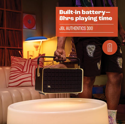 JBL Authentics 300 - Retro Styl Draadlose Bluetooth/WiFi Tuisspreker, Ingeboude Battery (4800mAh) - (Swart/Goud)