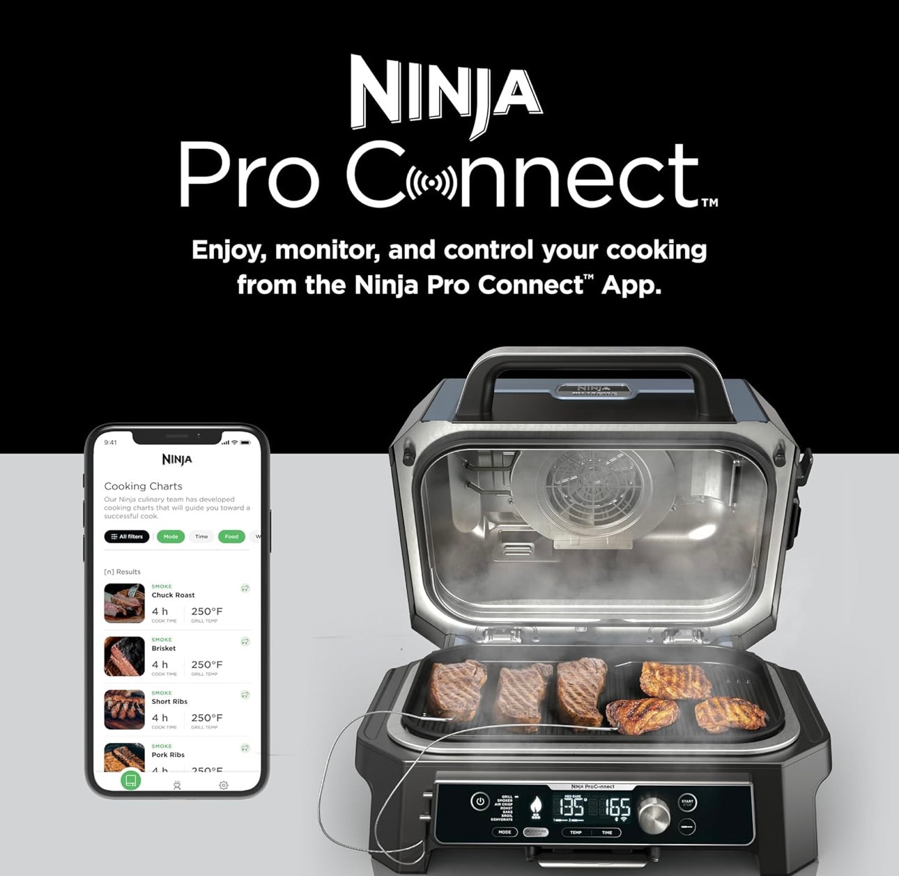 Ninja Woodfire Pro Connect Premium XL Buitenbraaier en Roker, Bluetooth, Toepassing-geaktiveer, 7-in-1 Meesterbraaier, BBQ-Roker, Buitelug-lugbraaier, Houtvuur-tegnologie, 2 Ingeboude Termometers - Swart