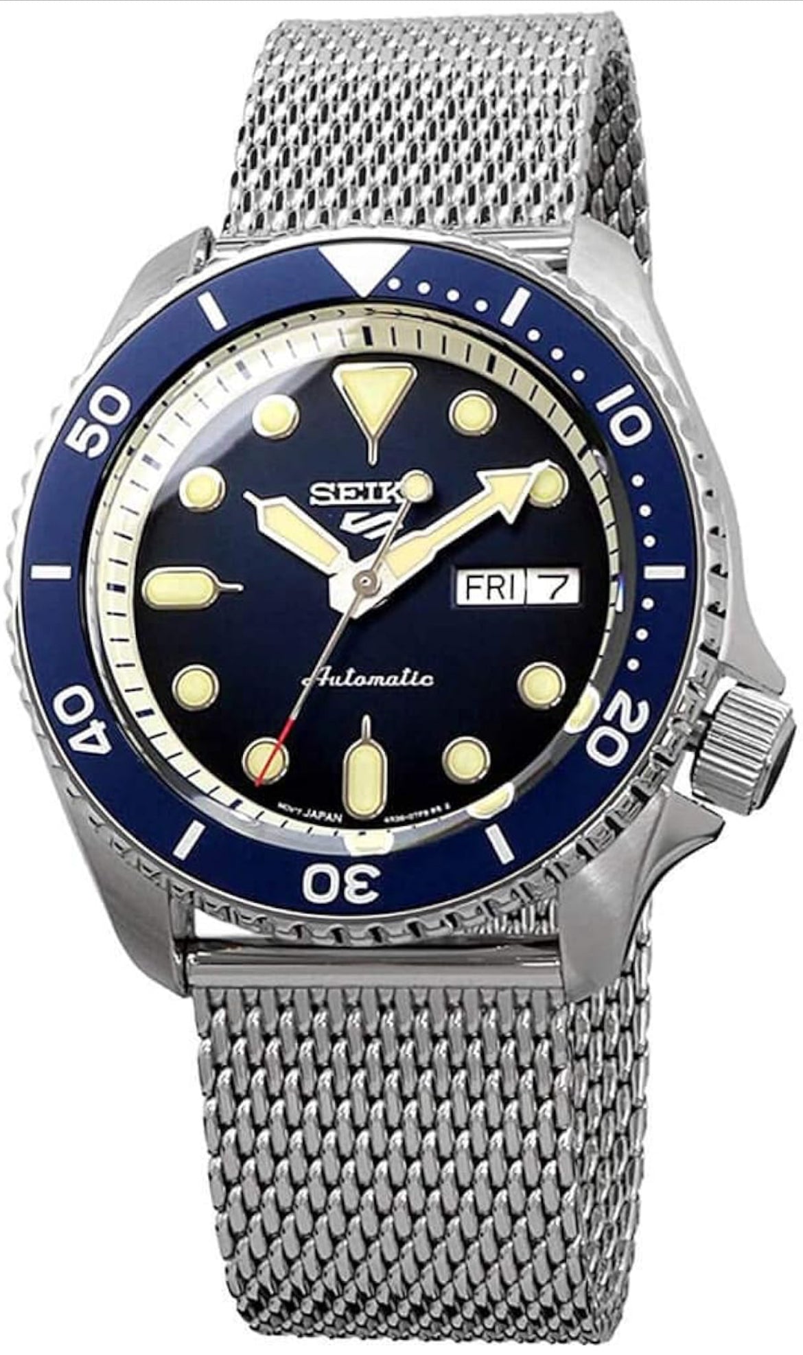SEIKO SRPD71 Horlosie vir Mans - 5 Sports - Outomaties met Handopwen-beweging, Blou Wysplaat met Blou Ring, Vlekvrye Staal Kas en Skakelband, 100m Waterbestand, en Dag/Datum Vertoning