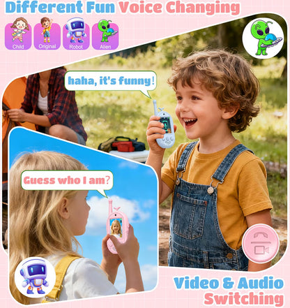 Walkie Talkies vir Kinders Herlaaibaar Langafstand 2-rigtingradio's vir Buitelugavontuur - (Pienk Blou Ontwerp)