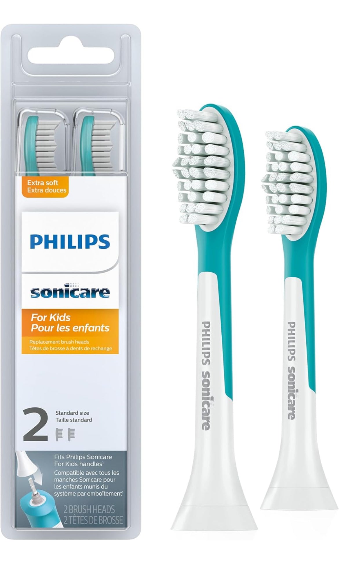 Philips Sonicare for Kids 7+ Oorspronklike Vervangingsborselkoppe, 2 Borselkoppe, Turkoois en Wit, Standaard, HX6042/94