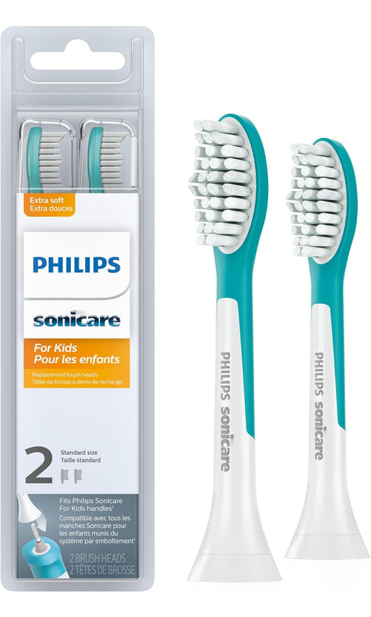 Philips Sonicare for Kids 7+ Oorspronklike Vervangingsborselkoppe, 2 Borselkoppe, Turkoois en Wit, Standaard, HX6042/94
