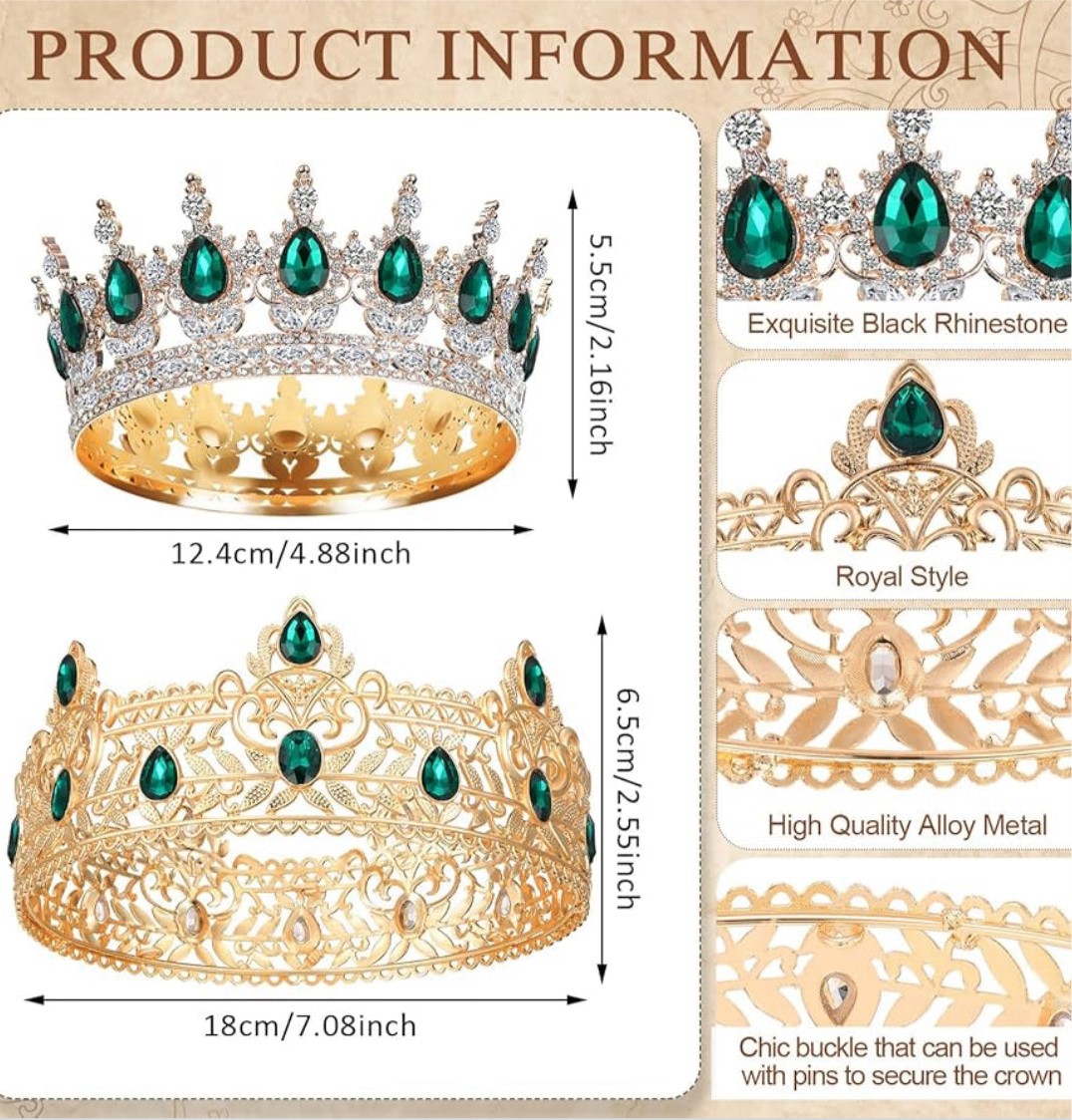 2 Stuks Prom Koning en Koningin Kroon vir Mans Vroue Koning Koningin Kroon Tiara met Strass vir Trou Verjaarsdag Grad (Groen Goud, Groen Styl)
