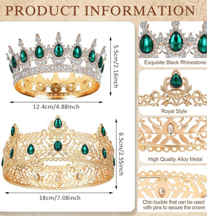 2 Stuks Prom Koning en Koningin Kroon vir Mans Vroue Koning Koningin Kroon Tiara met Strass vir Trou Verjaarsdag Grad (Groen Goud, Groen Styl)