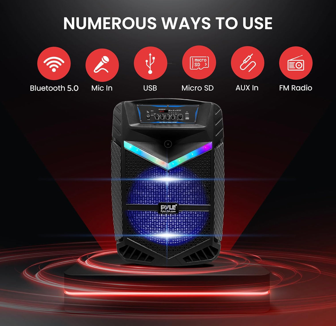 Portable Bluetooth PA Speaker - 1200W Rechargeable Outdoor Bluetooth w/ 15” Subwoofer 1” Tweeter, Recording Function Mic In Party Lights USB/SD Radio PPHP1542B