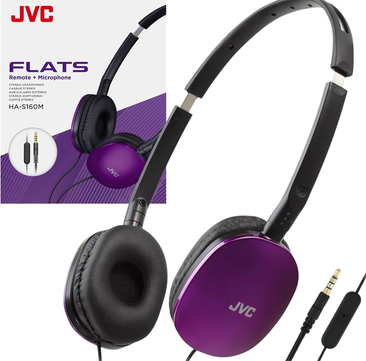 JVC Flats Oorfoon-koptelefoon met koord - Plat Opvoubare Ontwerp - 30mm Drywer vir Kragtige Klank - Sagte Oorkussings vir Gemak – Staal Kopband - Liggewig & Draagbaar - Rekenaar/Skootrekenaar/Speletjies - 3.5mm Slanke Prop