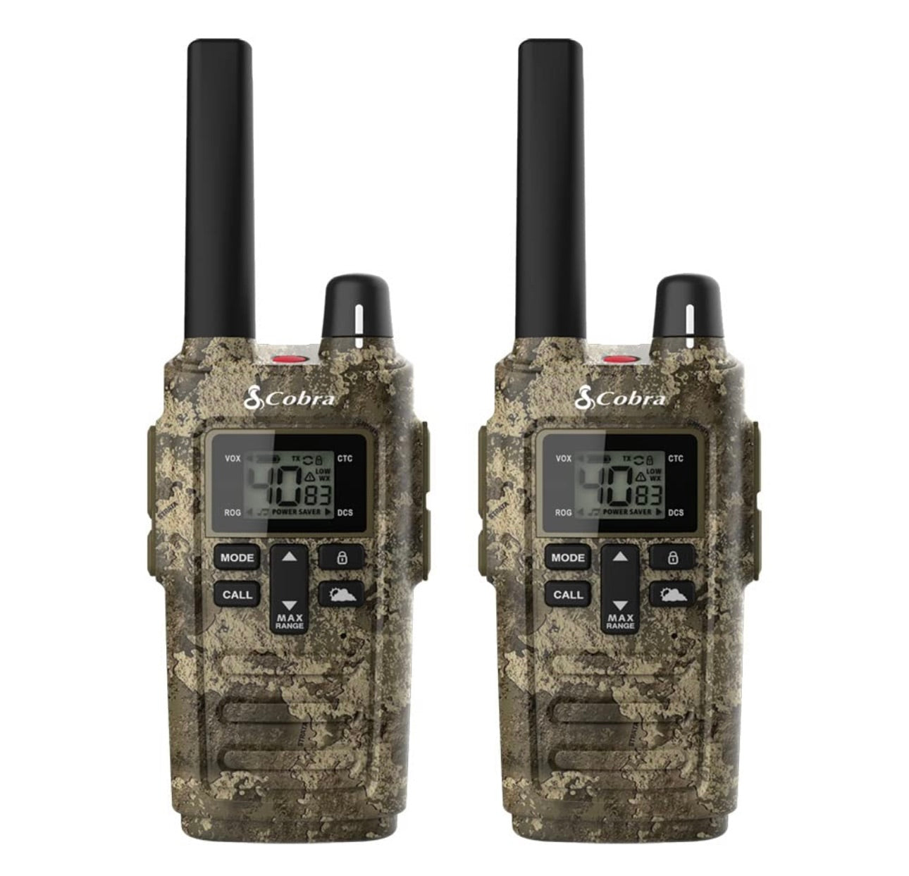 Cobra RX380 Walkie Talkies (2-pak) – Weerbestande tweerigtingradio's met lang reikafstand, 40 voorafgeprogrammeerde kanale, weerwaarskuwings, LED-flitslig, langdurige NiMH-batterye (TrueTimber Strata Camo)