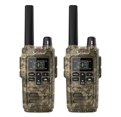 Cobra RX380 Walkie Talkies (2-pak) – Weerbestande tweerigtingradio's met lang reikafstand, 40 voorafgeprogrammeerde kanale, weerwaarskuwings, LED-flitslig, langdurige NiMH-batterye (TrueTimber Strata Camo)