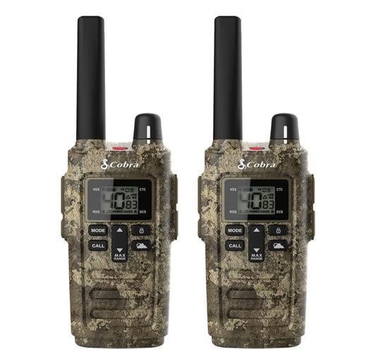 Cobra RX380 Walkie Talkies (2-pak) – Weerbestande tweerigtingradio's met lang reikafstand, 40 voorafgeprogrammeerde kanale, weerwaarskuwings, LED-flitslig, langdurige NiMH-batterye (TrueTimber Strata Camo)