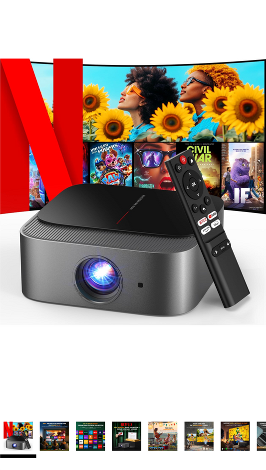 2025 Netflix-Official | 386+ Built-in Apps] DBPOWER E2 Smart Projector with WiFi and Bluetooth, Mini Projector 4K Support with Netflix, Youtube, Disney+, Hulu, Max, Crunchyroll w/ Portable Case