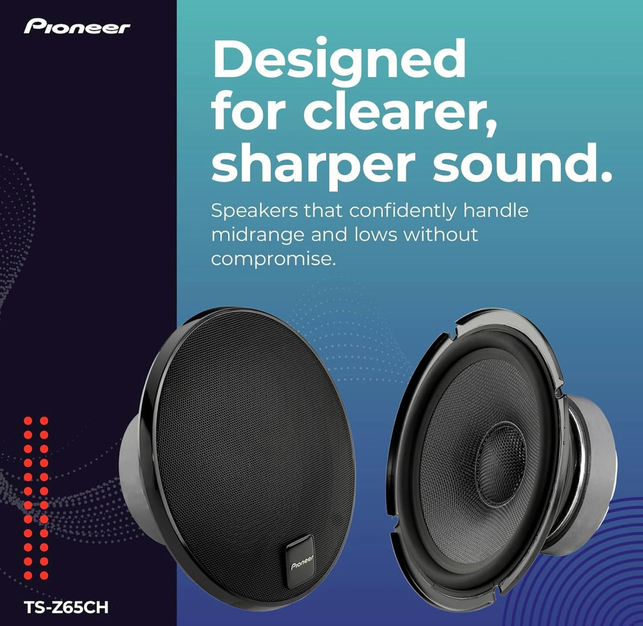 Pioneer TS-Z65CH, 2-rigting komponente motoroudioluidsprekers, volle omvang, oop en gladde klankgehalte 6.5” luidsprekers