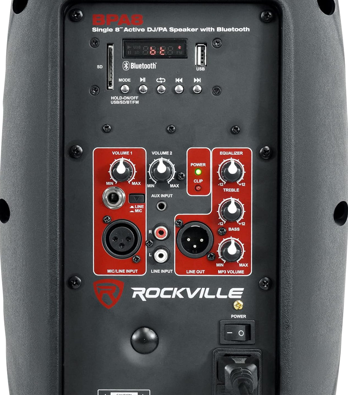 Rockville BPA8 8" 300W Powered PA DJ Speaker with Bluetooth, XLR, 1/4", RCA, 1/8" Inputs, USB/SD Music Player, Deep Bass, Remote Included