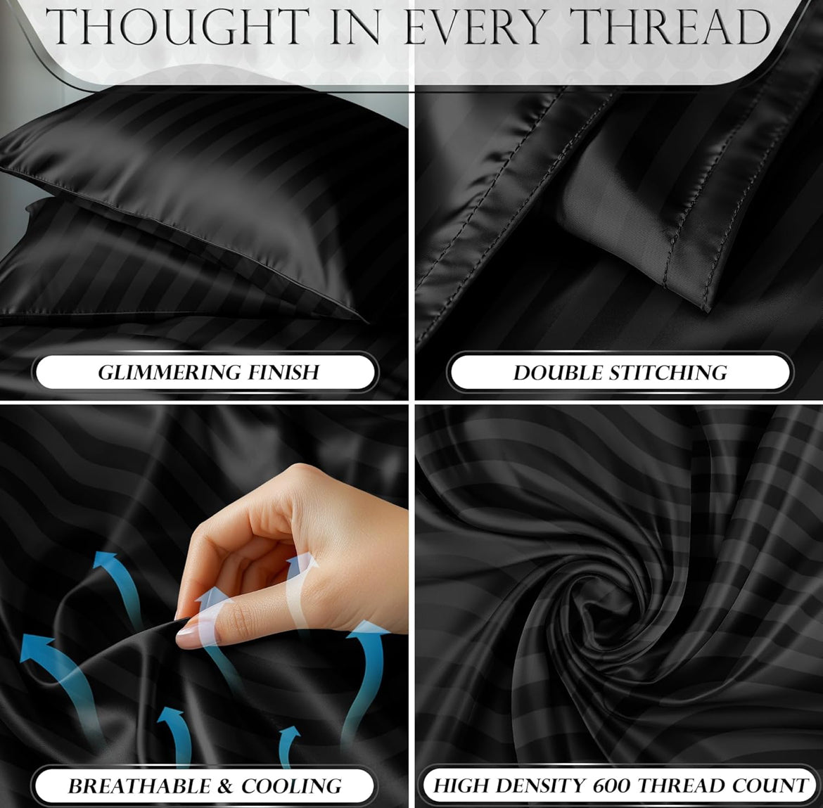 DECOLURE Satin Bed Sheets - 4 Piece Luxury Silky Queen Size Bedding Set - Softer Than Silk, Wrinkle-Free with 15” Deep Pocket Fitted Sheet, Perfect for Hair & Skin, Gifts for Women (Striped Black)