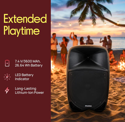 1200W Draagbare Bluetooth PA-luidspreker - 12” Subwoofer, LED-battery-aanwyserligte met ingeboude herlaaibare battery, MP3/USB/SD-kaartleser en UHF draadlose mikrofoon