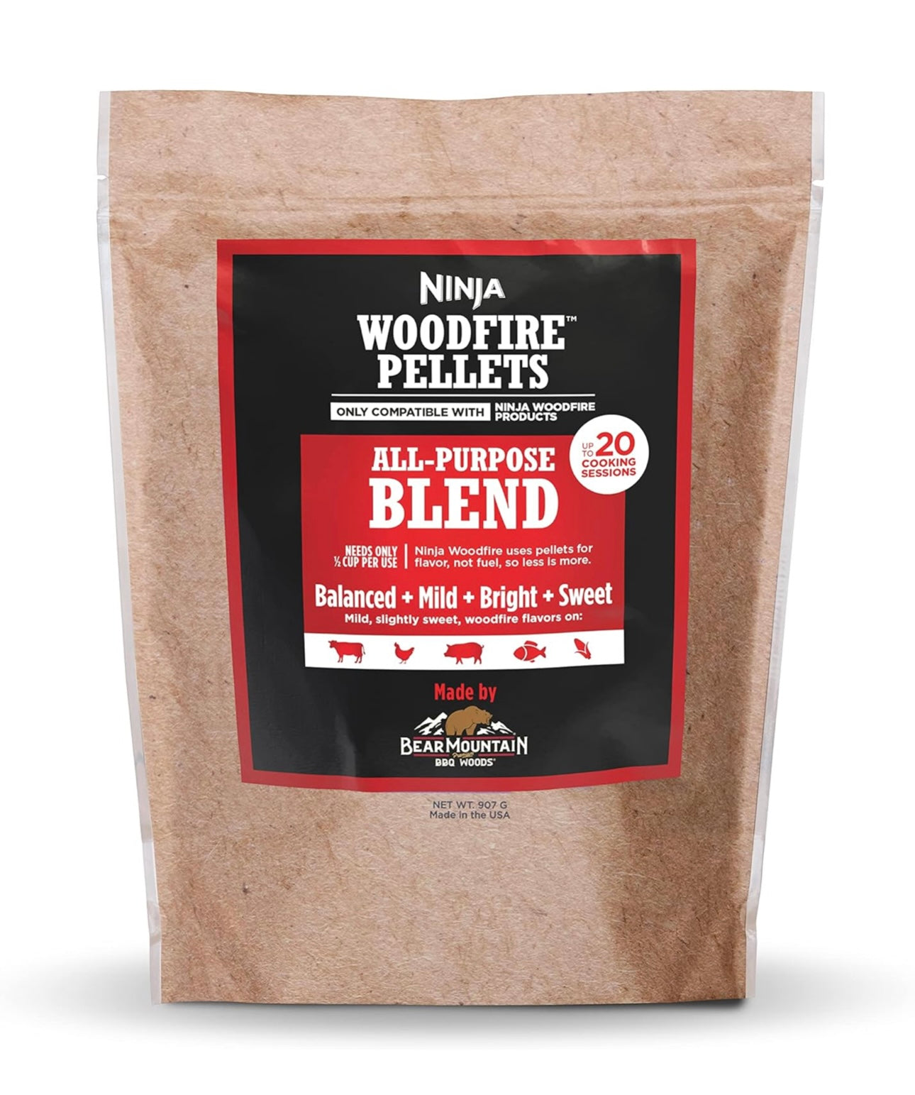 Ninja Woodfire Grill-korrels Robuuste Hickory-kersie-esdoorn-eikehoutmengsel en Alles-doel-kersie-esdoorn-eikehoutmengsel 2-lb-sakke, Slegs versoenbaar met Ninja OG700-braaiers