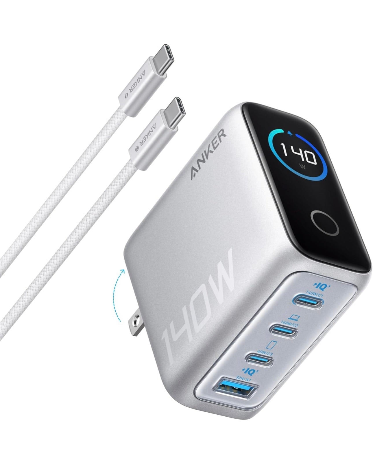 Anker Laptop Charger, 140W MAX USB C Charger, 4-Port Multi-Device Fast Charging - SILVER
